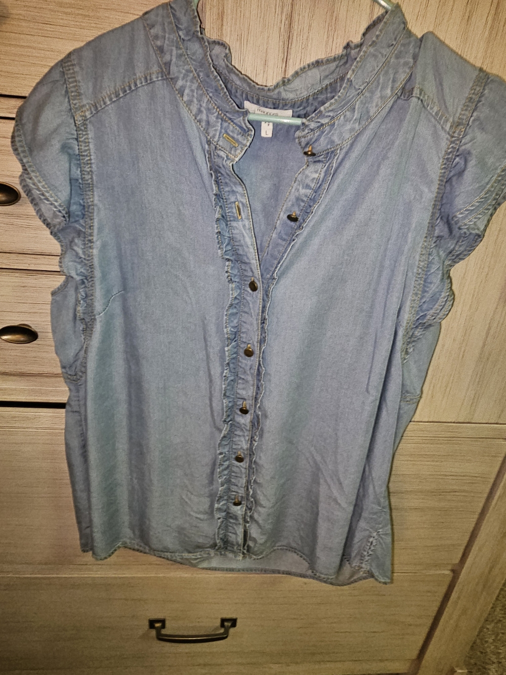 Maurices Denim Ruffle-Trim Chambray Button Top
